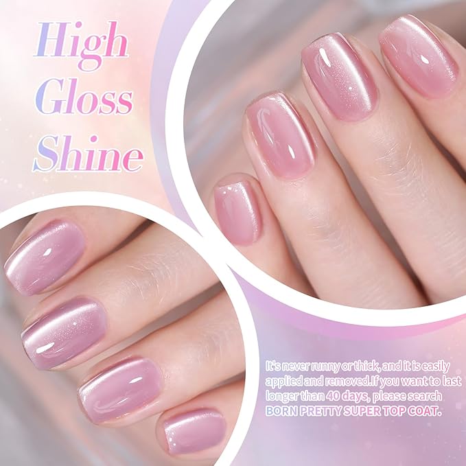 Born Pretty Magnetic Gel Nail Polish Water Light Cat Magnetic Eye Jelly Pink Glass Crystal Gel Polish Glitter Shimmer Auroras Nail Polish LED Nail Art Manicure Kit 6PCS