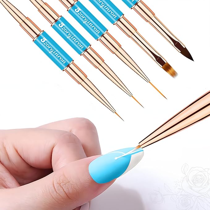 Nail Art Bushes Set, Professional 5Pcs Double-Ended Nail Brush Kit for Details, Long Lines, Ombre & 3D Design-Perfect for DIY Manicures & Salons (Blue)