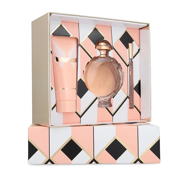 Paco Rabanne Olympea 3-Piece Set for Women, (2.7 Oz Eau De Parfum Spray + 3.4 Oz Body Lotion + 0.33 Oz Eau De Parfum Travel Spray)