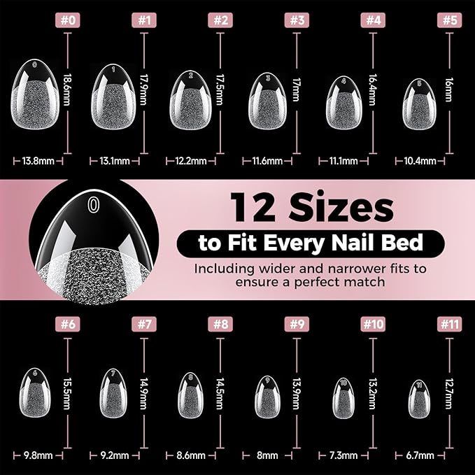Extra Short Almond Nail Tips, 240pcs Soft Gel Pre-Shaped Acrylic Fake Nails, Half Matte Full Cover Clear Gelly Press on Flase Nail Tips for Extension Nail Manicure Home DIY 12 Sizes