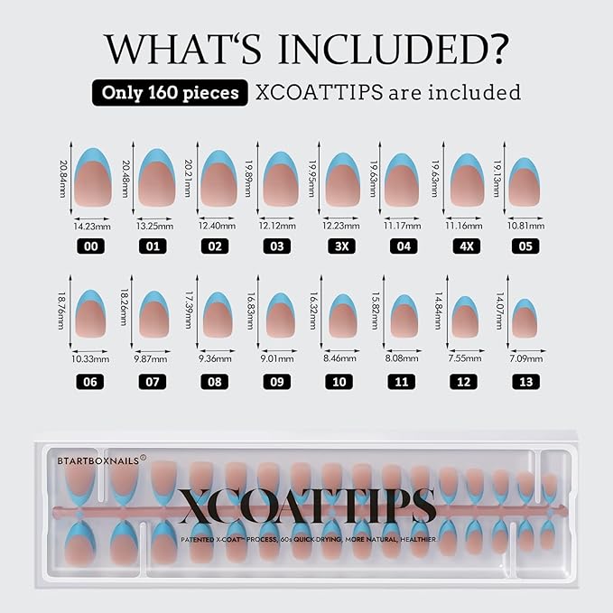 BTArtboxnails XCOATTIPS French Tip Press On Nails - Blue Press On Nails Short, Almond Fake Nail Tips, 160Pcs Soak Off Soft Gel Acrylic Brown Nail Extension in 16 Sizes