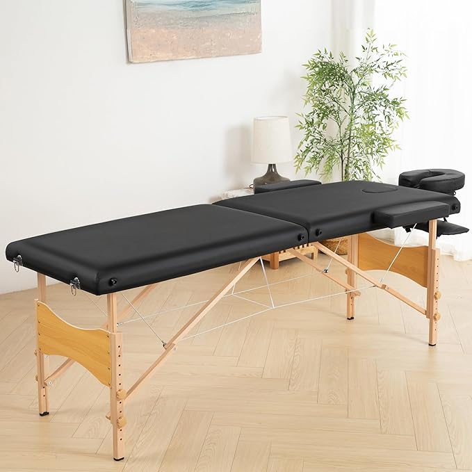 Brelley Massage Table Portable Wooden Lash Bed 24" Wide Adjustable Height 2-Fold Spa Table Foldable Tattoo Bed (Black)