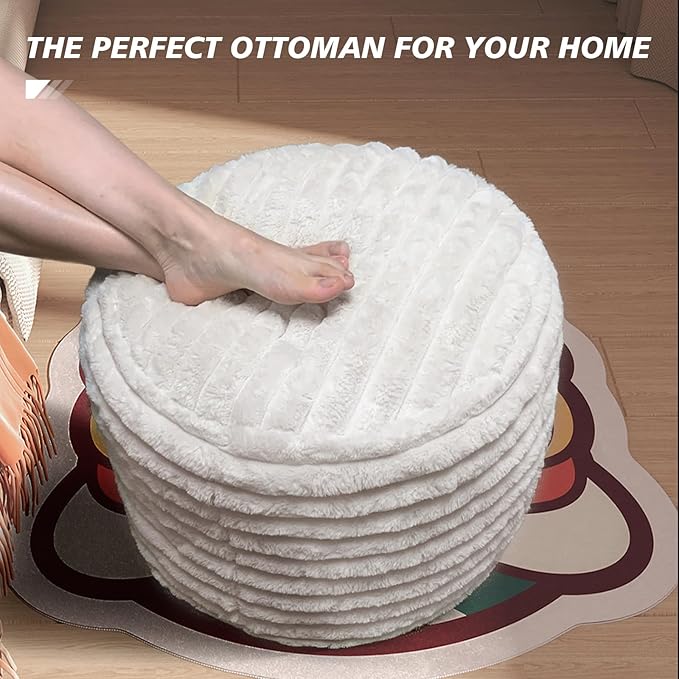 Pouf Ottoman Stuffed Round for Foot Rest, Faux Fur Poufs with Foam Chunk Filling, Storage Ottoman Pouf Foot Stool Cushion, 26 X 18 Inch Floor Chair for Living Room Bedroom Home Decor, Beige