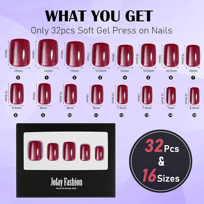 Cat Eye Press On Nails Short - Valentines Press On Nails Red, Square Glue On Nails with Nail Glue, Stick On Nails in 16 Sizes - 32PCS Soft Gel Fake Nails Kit, Mulled Wine