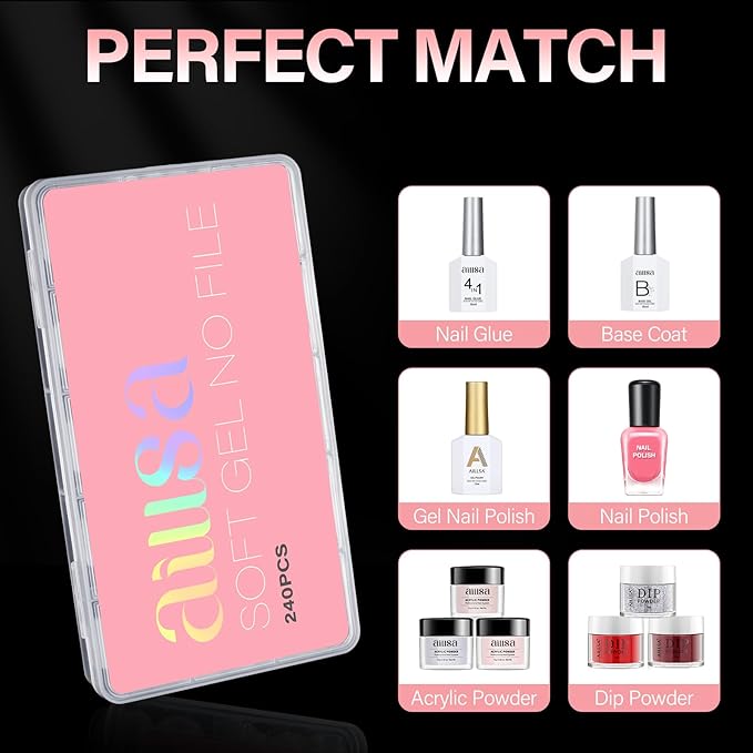 AILLSA Extra Short Square Nail Tips Gel Nails Tips Acrylic Press On Squoval Nail Tip 240 PCS False Full Cover Matte Nails Tip Kit 15 Sizes with Storage Box for Valentine's Day