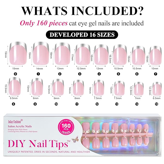 French Tip Press on Nails Short Kit Jofay Fashion Soft Gel Fake Nails 5 Styles with White&Silver& Gold&Aurora Chrome Pale Orange Cat eye, Gift False Nails Reusable Full Cover Stick on Nails, 32 Sizes