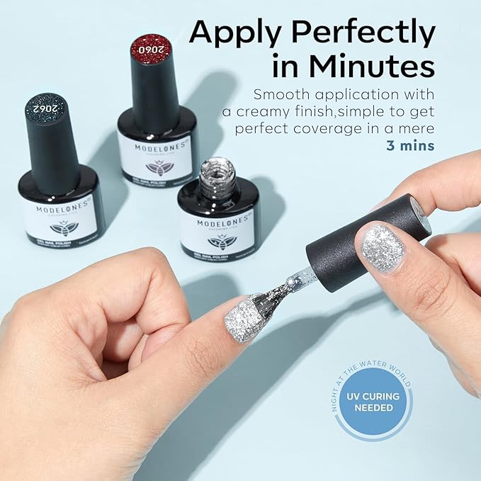 modelones Glitter Gel Nail Polish Set, 6 Colors Fall Winter Dark Red Pink Silver Gold Black Gel Polish Kit Shimmer Sparkle Reflective LED Soak Off Manicure Art Kit Home DIY Salon Gift for Women