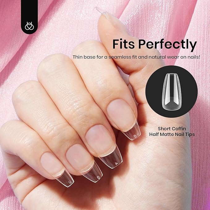 Beetles Gel Nail Tips Short Coffin Pre-Etched Nail Tips, 12 Sizes 288 Pcs Full Cover Soft Tips Half Matte False Nails Clear Acrylic Press on Nails Extension DIY Manicure Gifts for Women