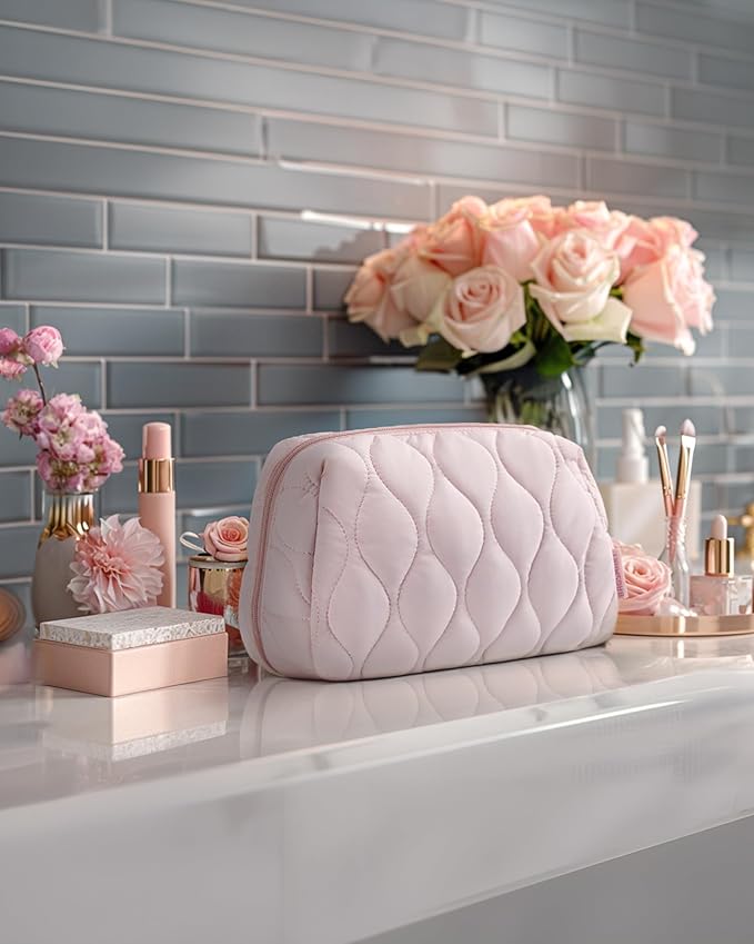 BAGSMART Makeup Bag, Travel Cosmetic Bag, Puffy Padded Make Up Bag for Women, Makeup Organizer Case, Wide-open Pouch Purse, Travel Essentials, Toiletries Accessories Brushes, Black