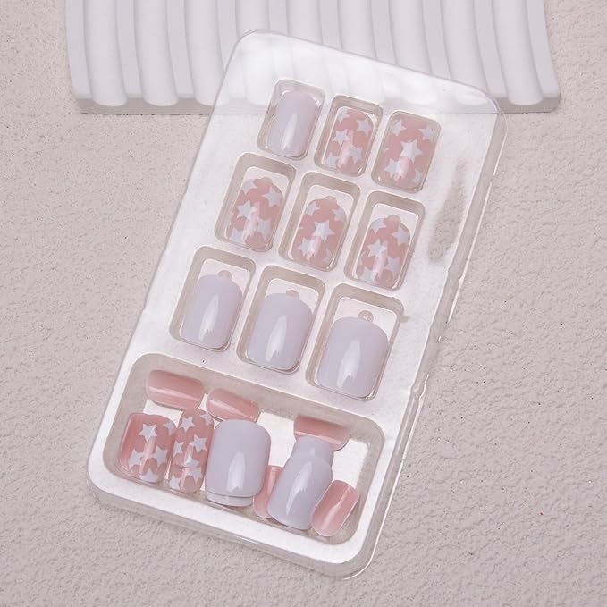 Square Press on Nails Short Star Fake Nails White Star Acrylic Nails Independence Day False Nails Press ons Glossy Glue on Nails Cute Artificial Nails for Women Girls Nails Decoration Manicure 24Pcs