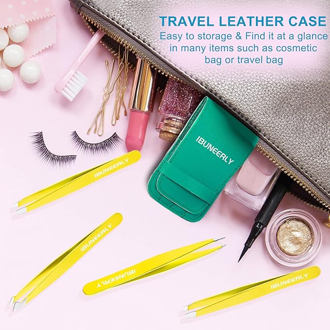 Eyebrows Tweezers Set, 4Pcs Stainless Steel Tweezers for Women with Travel Case, Great Precision for Ingrown Hair, Facial Hair and Splinter Removal