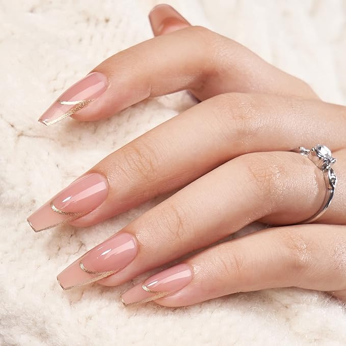 BTArtbox Press on Nails Long - Rose Gold Outline Designed French Tip Press on Nails, Coffin Glue On Nails, Reusable Soft Gel Stick On Nails with Nail Glue in 15 Sizes, Gilded French