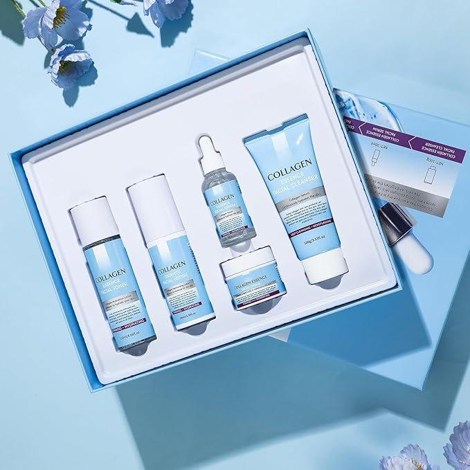 Collagen Skin Care Sets, 5 Pcs Facial Set for Skin Care for Women with Cleanser, Serum, Toner, Lotion & Cream, for Firming Skin, Reduce Wrinkles AOPEIBOTO