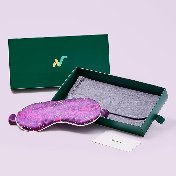 22mm Mulberry Silk Beauty Sleep Mask with Velvet Band & Travel Pouch, Light Blocking, Hair & Skin Friendly, Purple Lotus Totem Print, Gift Packaging
