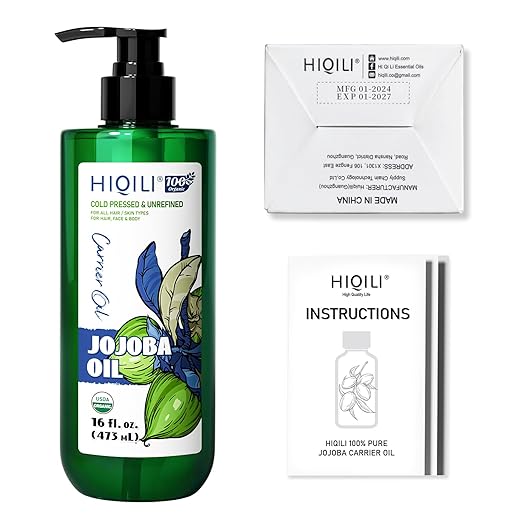 HIQILI 473ML Jojoba Oil Organic for Hair Growth, Skin, Face, Nails, 100% Pure Cold Pressed, Carrier Oil for Essential Oils Mixing, Included Roller Bottle - 16 Fl Oz