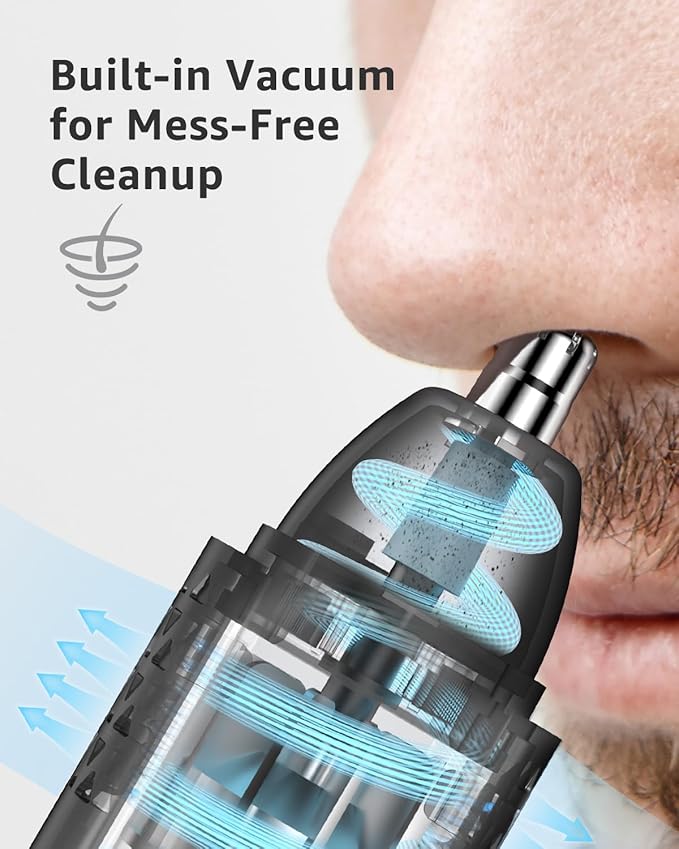 MANSPOT Nose & Ear Hair Trimmer for Men, 10000-RPM Electric Nose Trimmer for Men with Vacuum Cleaning System, IPX7 Waterproof, USB-C Charge, 90min Runtime,Magnetic Detachable Blade Head,Easy to Clean