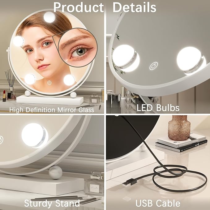 13 Inch Hollywood Vanity Mirror with Lights, Round Make Up Mirror with Lighting, LED Makeup Mirror with 5 Dimmable Bulbs for Bedroom Tabletop, Smart Touch Control, 360° Rotation