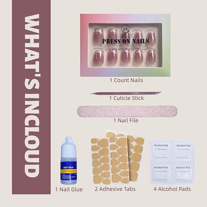 30Pcs Mauve Plum Cat Eye Press On Nails Short Square | French Fake Nails with Glue, File & Tools | Reusable Soft-Fit Nail Tips in 12 Sizes for Women