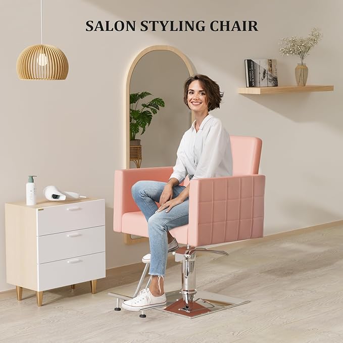 OmySalon Hydraulic Styling Chair for Hair Salon, Modern Pink Hairdressing Barber Chair w/Square Base & Footrest, 360 Degrees Swivel, Beauty Spa Equipment