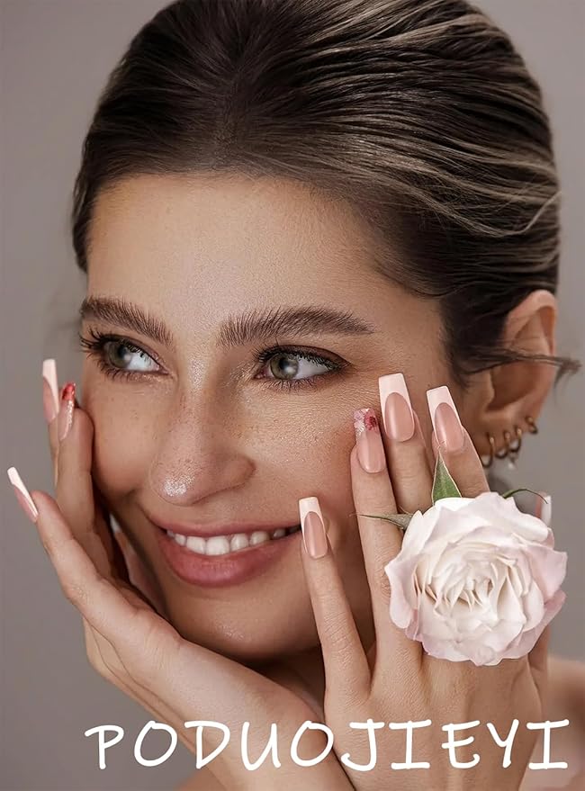 24Pcs White French Tip Press on Nails Short Almond Fake Nail with Shining Rhinestones Designs 3D Silver Bow Glue on Nails Glossy Acrylic Nail Nude Pink Full Cover False Nails for Women Daily Wear