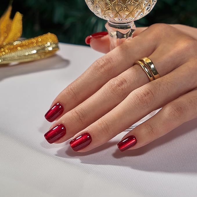 BTArtbox Press On Nails Red - Cat Eye Press On Nails Square for Gifts,Cherry Short Stick On Nails with Glue, Glossy Reusable Nail Tips in 15 Sizes - 30 Soft Gel Fake Nails Kit, Hot Love