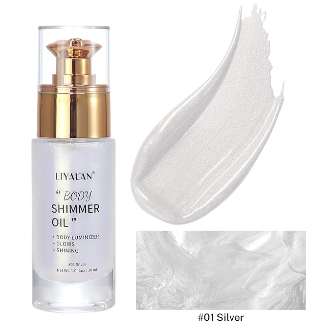 Liyalan Shimmer Body Oil 5 Color Options 1.0 fl.oz Face Glow Pearl Highlighter Illuminator Long-Lasting Shine Glitter Liquid Tanning with Makeup Brush Included (#01 Silver)