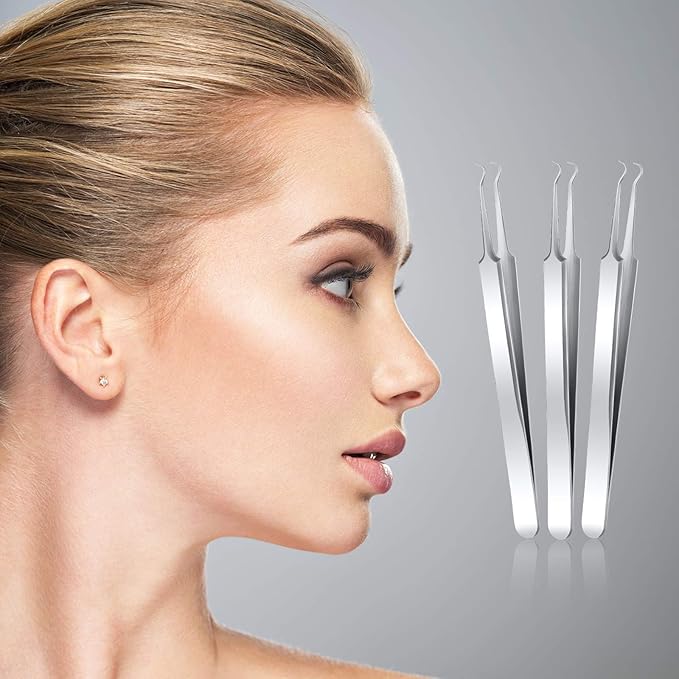 Honoson 3 Pcs Blackhead Tweezer Stainless Steel Pimple Tweezers Extractor Tool for Remove Zit Whitehead Pimple Bend Curved Tweezer Skin Blackhead Remover Tools(Silver)