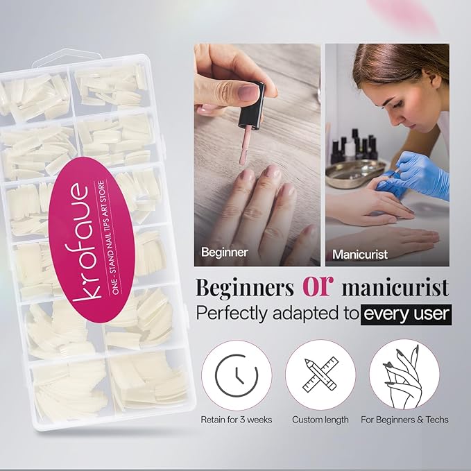 krofaue 504PCS French Nail Tips - Soft Gel Half Cover Fake Nails 12 Sizes Acrylic Square False Tips Natural French Tip Press On Nails Gift for Nail DIY & Salon