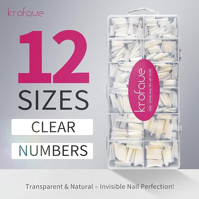 krofaue Natural Acrylic Nail Tips - 600PCS Half Cover Coffin False Nails 12 Size with Box for Salon and Home DIY
