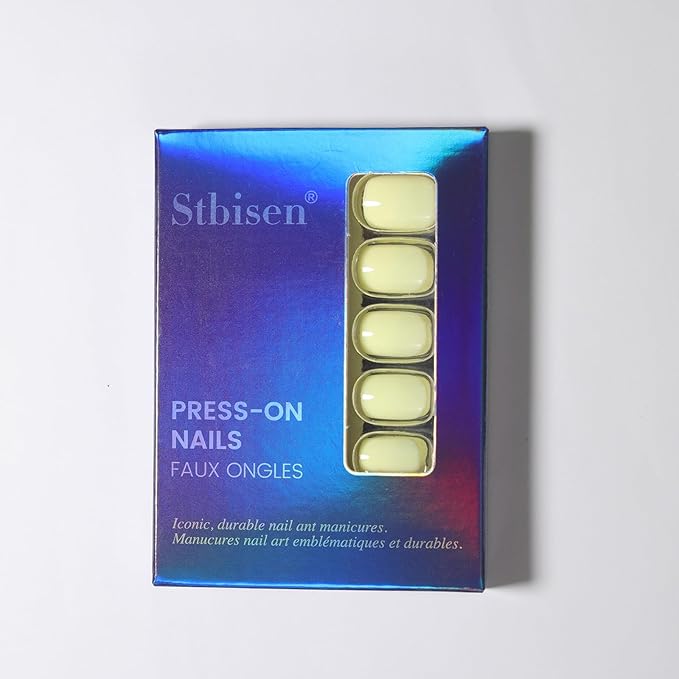 evpct Pale Yellow Glossy Press on Nails Short Square, Glossy Yellow Fake Nails Summer Reusable, Acrylic False Nail Stick Glue on Press ons for Women Gifts, Perfectly Fit False Nail Kit with Glue 30Pcs