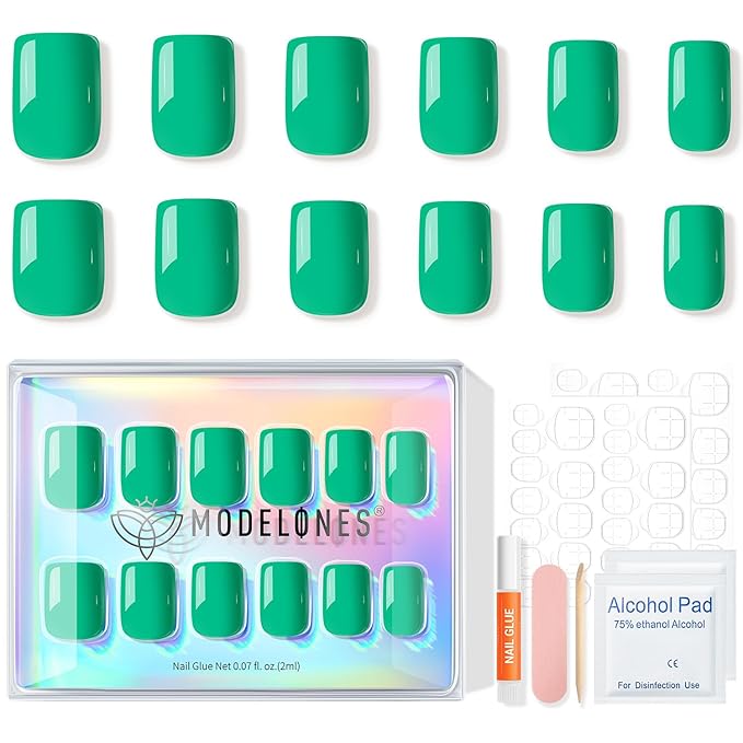Modelones Green Press on Nails, Christmas Short Square Fake Nails, Summer Spring Reusable Nail Kit with Nail Glue Adhesive Tabs Mini Nail File, Nails Press Ons 32Pcs16 Sizes, Women Girl Gift