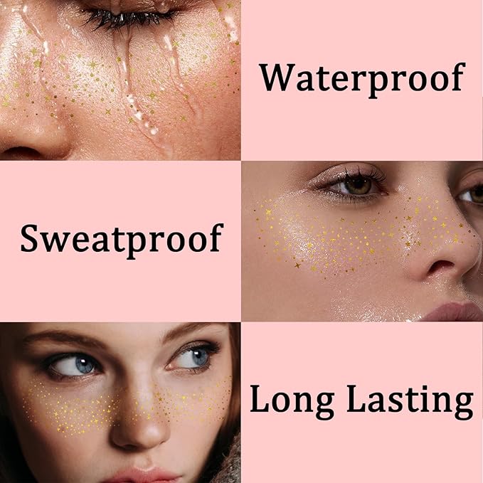 6PCS Glod Glitter Freckles Tattoo, Gold Freckles Temporary Face Tattoos, Gold Star Freckle, Body Face Glitter for Women Girls, Waterproof Long-Lasting Party, Festival, Concert Makeup Accessories