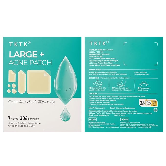 Large Acne Patches for Face, 7 Sizes Big Pimple Patches, XL Hydrocolloid Bandages for Body, Chin, Forehead, Nose, Back Blemish Zit Breakouts, Hydrocolloid Patch (Square, Strip, Dot 306 Count)