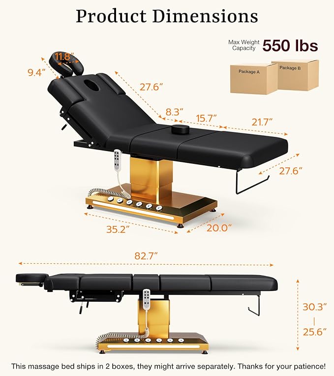 Icoget Professional Full Electric Spa Massage Treatment Table, Medical Bed with Independent Leg Adjustment, Facial Bed with Face Cradle for Beauty, Black