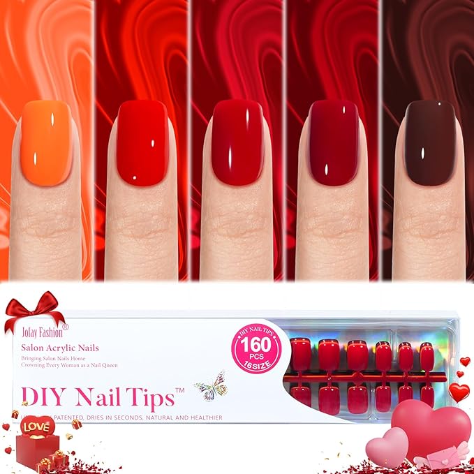 Press on Nails Red - 5 Styles Soild Press on Nails Short Square, Bt Art Box Press On Nails,Soft Gel x Coat Nails False Nails in 32 Sizes -160PCS Soft Gel Fake Nails Kit for Valentines Day Gift