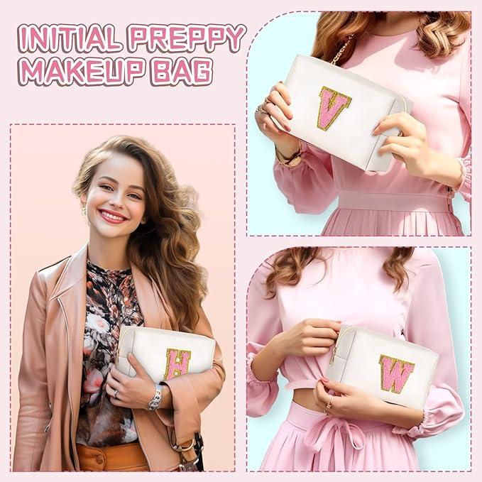 TOPEAST Initial Makeup Bags for Women, Cute Makeup Pouch, Waterproof Travel Toiletry Bag, Personalized Gifts for Girlfriend on Valentine's Day Anniversary, Preppy Stuff Gift for Girl (Pearly White W)