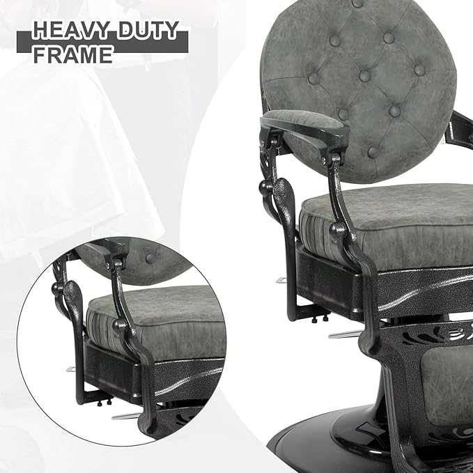 Winado Heavy Duty Vintage Recline Barber Chair Hydraulic with Headrest, Supports up to 700lbs & 360° Rotatable, Professional Salon Beauty Spa Shampoo Equipment (Grey - Button Style)
