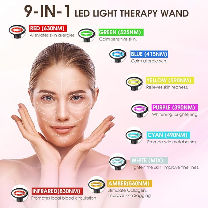 Light-Therapy-Wand, Red Light Therapy for Face and Neck, 9-in-1 Led Facial Sculptor Rejuvenation Eyes & Face Massager Tool
