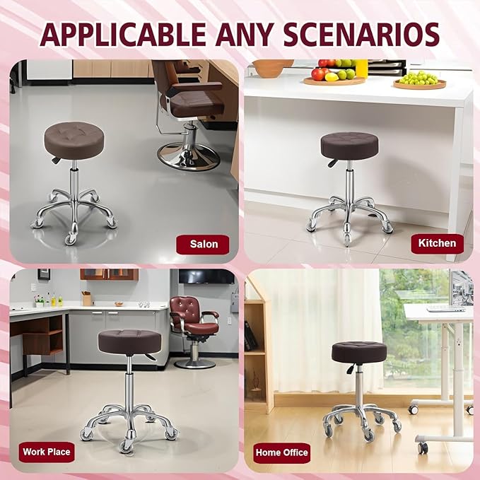 Kaleurrier Adjustable Rolling Stool for Salon: Heavy Duty Swivel Chair with Wheels for Hairdresser Esthetician Lash Tech - Spa Home Office Kitchen Dental Tattoo Shop Use - Seat Height 22”-30” - Brown