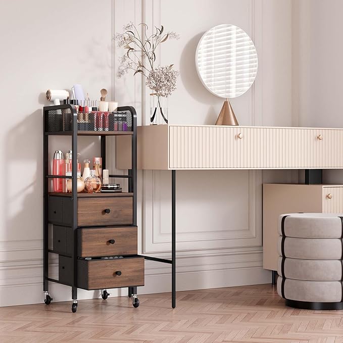 HapiRm Rolling Makeup Cart Organizer - Floor Skincare Make Up Storage with 3 Drawers, Vanity Organizer Cosmetic Display Cases Holder for Skin Care Perfume Nail Polish Brush Hair Tool