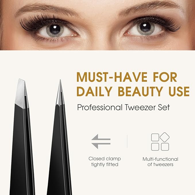 TsMADDTs Slant and Point Tip Tweezers for Women and Men, 2-Pack Professional Stainless Steel Precision Tweezers for Eyebrows, Facial Hair, Ingrown Hair Removal