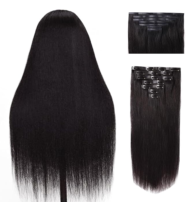 Essent Seamless Light Yaki Straight Clip in Hair Extensions Seamless Real Human Hair, 24 Inch 1Pack 130g 7Pcs Human Hair Extensions for Women Natural Black