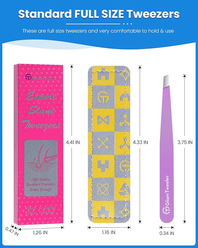 Expert Slant Tip Tweezers with Leather Case, GlamTweeler Sharp & Precision Stainless Steel Tweezer for Eyebrows, Facial Hair and Fine Hairs Removal (Violet)