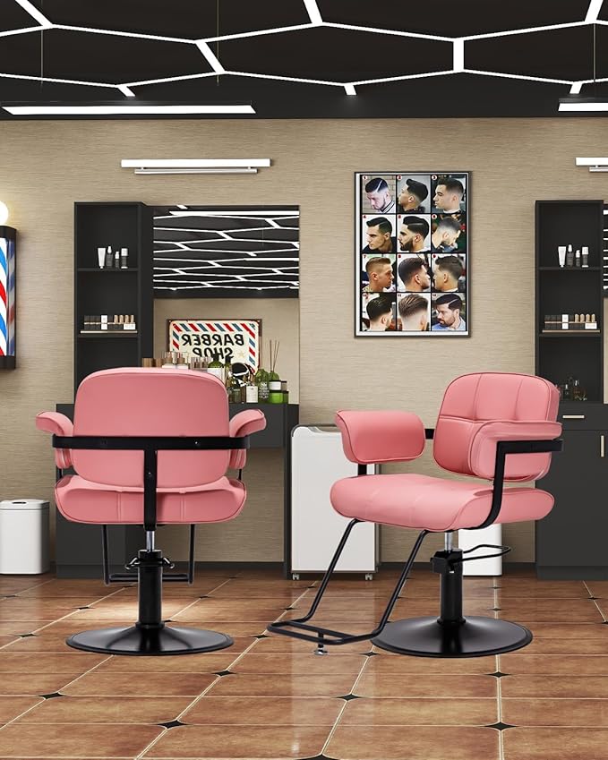 Barber Salon Chair, Extra Wide Hair Styling Chair with Heavy Duty Hydraulic Pump, 360° Swivel Height Adjustable Braiding Design, Luxury Beauty Salon and Barbershop Equipment, Pink