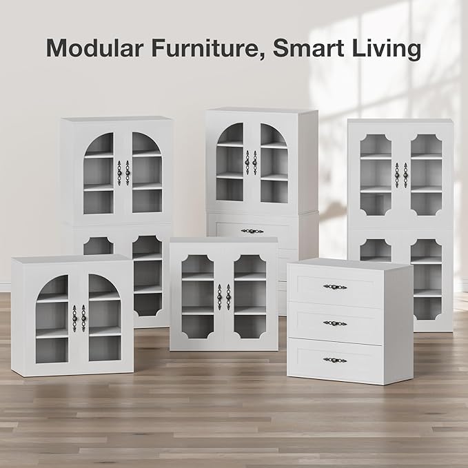 3-Layers Salon Station Free Standing Cabinet, Hair Styling Stations Salon Furniture w/Glass Doors, Bronzed Metal Handles, Wood Grains Surface, Barber Table Hair Salon Furniture(White)