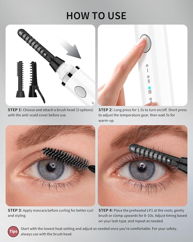 COPPA Electric Lash Curler, LP-1 Lipstick Type 3-in-1 Heated Eyelash Curler with 3 Brush Heads 3 Curling Modes and 3 Temp & 5s Quick Heat-up, Perfect for Beginners and Makeup Pros, White