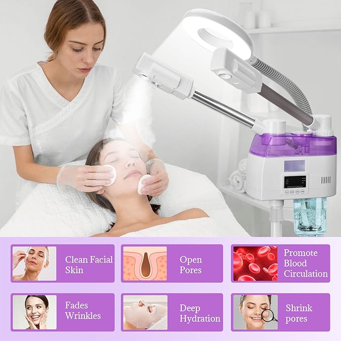 3 in 1 Facial Steamer,Professional Facial Steamer with 5X Magnifying LED Lamp, Esthetician Steamer with Hot & Cold Mist, Face Steamer On Wheels for Salon Spa Beauty Skin Care
