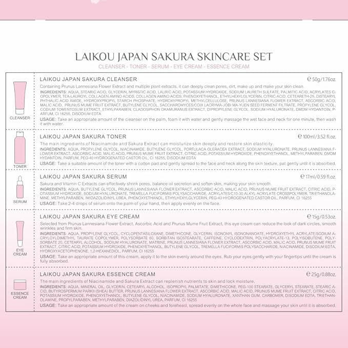 LAIKOU Skin Care Set JAPAN SAKURA Women Beauty Gift Sets Skin Care Kit with Cleanser, Toner, Serum, Eye Cream, Face Cream Travel Kit for Women Teen Girls Mom Daughter Birthday TSA-friendly Sizes 5pcs