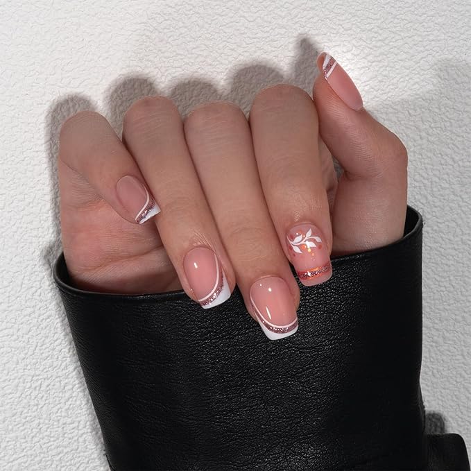 Curvlife Soft Gel Press on Nails, 30Pcs 15 Sizes Gold Edge Flower Style French Nail Tips, Full Cover Design Reusable Fake Nails Kit with Glue and Adhesive Tabs