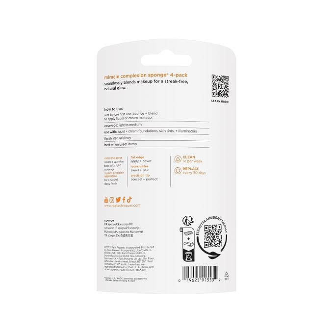 Real Techniques Miracle Complexion Makeup Sponge, 4-Pack Beauty Blender For Liquid & Cream Foundation, Streak-Free Coverage, Latex-Free, Vegan & Cruelty-Free